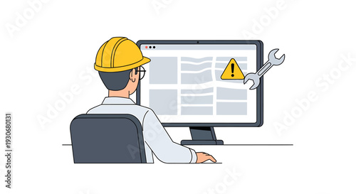 Computer Technician Working on a System with Warning Sign. Vector Illustrations. EPS Editable