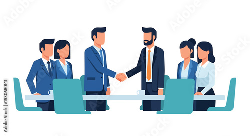 Businessmen shaking hands at a meeting with their teams symbolizing a successful partnership or agreement. Vector Illustrations. EPS Editable