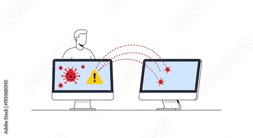 Computer virus spreading between two computers with a person in the background. Vector Illustrations. EPS Editable