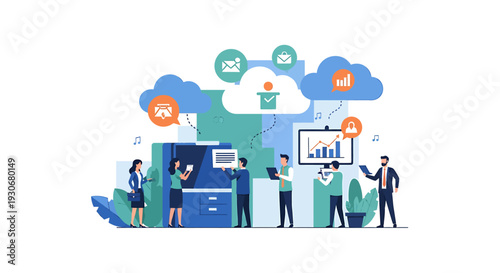 Cloud Computing and Data Management with Business Team. Vector Illustrations. EPS Editable