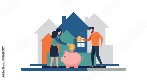 Couple Saving Money for Home Investment and Real Estate Purchase. Vector Illustrations. EPS Editable