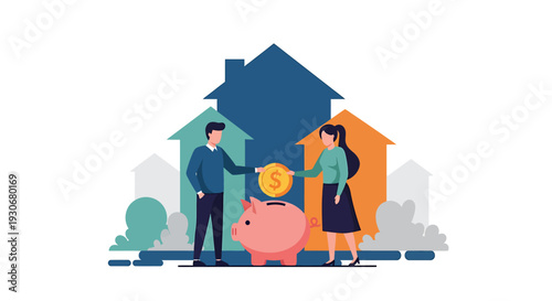 Couple Saving Money for Dream Home Investment. Vector Illustrations. EPS Editable
