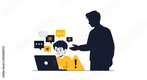 Cyberbullying Awareness Adult comforting distressed child using laptop. Vector Illustrations. EPS Editable