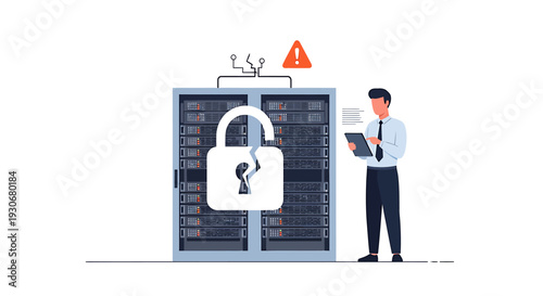 Cybersecurity Breach Alert Server Rack with Broken Lock and Concerned IT Professional. Vector Illustrations. EPS Editable