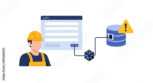 Database Error and Maintenance Concept with Worker and Data Flow. Vector Illustrations. EPS Editable