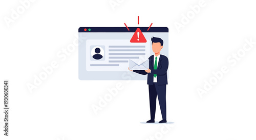 Digital Identity Theft Alert on Web Browser with Businessman. Vector Illustrations. EPS Editable