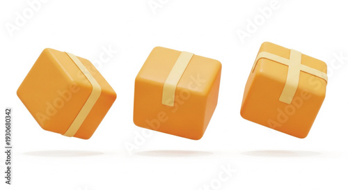 Three orange parcel boxes with straps floating in various positions representing shipping delivery or packaging services