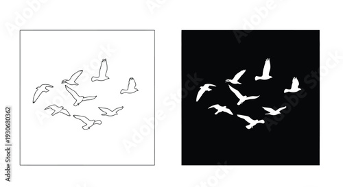Birds in flight depicted with contrasting black and white a silhouette