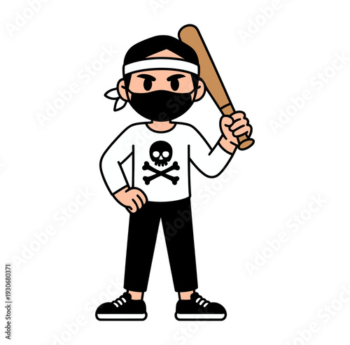 A cartoon masked bandit holding a baseball bat and wearing a white shirt with a skull and crossbones