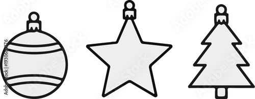 Three stylized holiday ornaments a striped ball, a star, and a tree