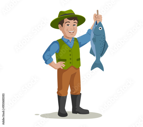 A cartoon fisherman proudly holding up a large fish in a colorful illustration