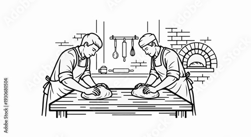 Two bakers knead dough at a wooden table, with a brick oven and utensils in background