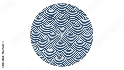 Traditional Japanese wave pattern known as Seigaiha presented within a circular frame in classic blue and white.