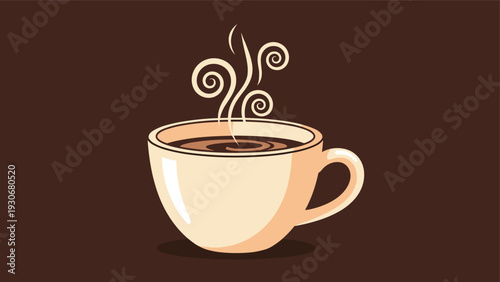 Artistic illustration of a hot cup of coffee with elegant swirls of steam on a dark chocolate brown background.