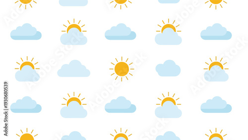 Cheerful seamless pattern featuring many bright yellow suns and soft blue clouds on a clean white background.