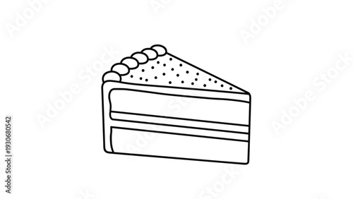 Simple black and white line art illustration of a layered cake slice with sweet frosting on top and in the middle.