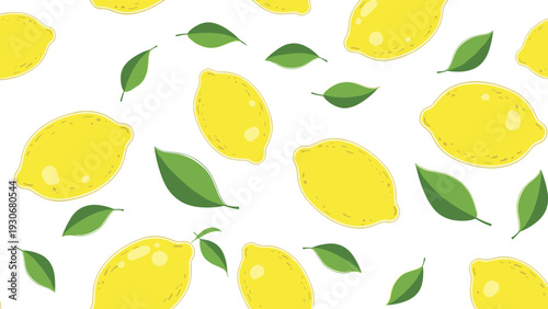 Vibrant seamless pattern of whole yellow lemons and fresh green leaves scattered on a plain white background.
