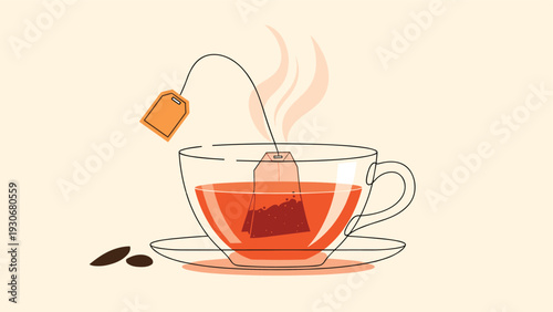 Inviting illustration of a transparent cup of tea with a tea bag inside and steam rising against a warm background.