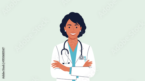 Professional illustration of a smiling female doctor with arms crossed wearing a white lab coat and stethoscope.