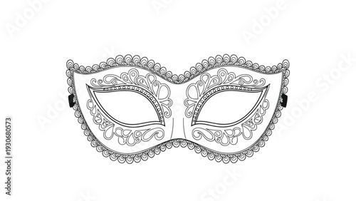 Ornate black and white line art illustration of a masquerade mask featuring many intricate swirls and patterns.