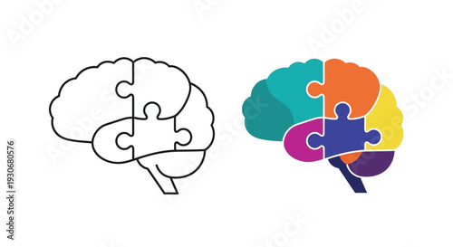 Brain imagery depicting puzzle pieces representing intellect and thought silhouette