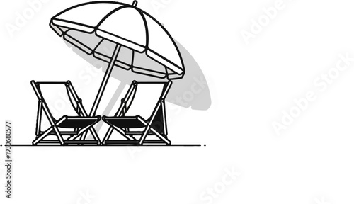 Two beach chairs under a large umbrella on a white background