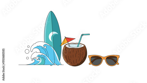 Summer themed illustration featuring a surfboard, ocean waves, a cold coconut drink with a straw and sunglasses.