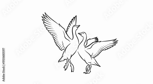Two elegant line-drawn geese with wings spread, mid-flight, facing upwards