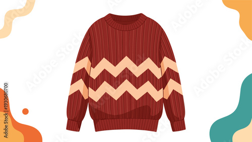Cozy red knitted winter sweater featuring a classic cream zigzag pattern and warm texture for cold weather fashion.