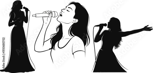 Three women in silhouette and sketch, singing into microphones on stage