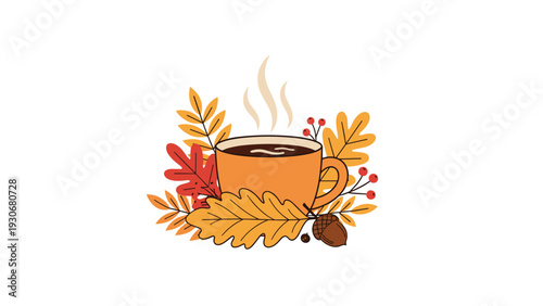 Steaming orange mug of hot coffee or cocoa surrounded by colorful autumn leaves and an acorn for a cozy fall vibe.