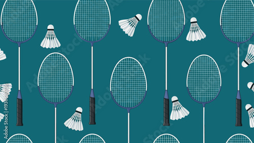 Sporty seamless pattern featuring blue badminton rackets and white shuttlecocks scattered on a dark teal background.