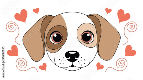 Cute cartoon dog face with brown spots surrounded by orange hearts and whimsical swirls for a pet lover design.