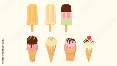 Assorted colorful ice cream treats including popsicles and cones with various toppings and flavors for a summer menu.