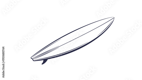 Simple black and white line drawing of a sleek surfboard with a fin ready for catching waves at the tropical beach.