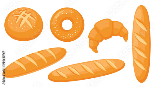 Variety of freshly baked bread items including a baguette, croissant, bagel, and a round bun for a bakery theme.