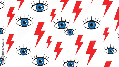 Bold and edgy pattern featuring detailed blue human eyes with eyelashes and bright red lightning bolts on a white background.