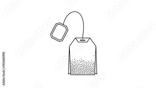 Simple black and white line drawing of a tea bag with a string and label showing loose tea leaves at the bottom of the bag.