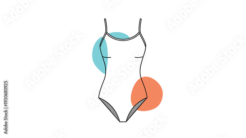 Line drawing of a simple one-piece white swimsuit or bodysuit set against abstract blue and orange circular shapes on a white field.