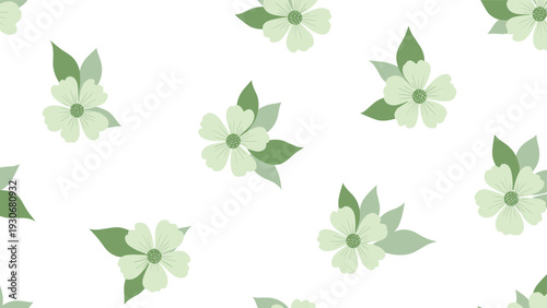 Seamless pattern of small light green flowers with leaves scattered across a clean white background for a fresh floral textile design.