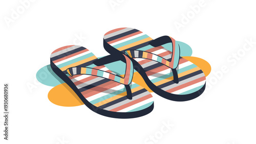Pair of colorful striped flip-flops or summer sandals with blue, yellow, and red patterns on an abstract colorful background.