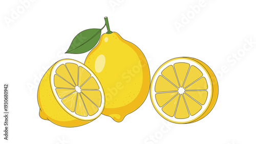 Illustration showing a whole yellow lemon next to two lemon halves with visible segments and a green leaf on a plain white background.