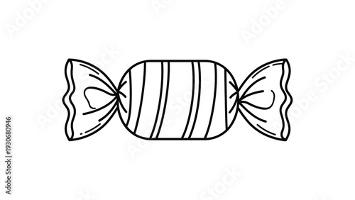 Black and white line drawing of a wrapped piece of candy with vertical stripes on the wrapper isolated on a plain white background.