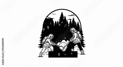 Two firefighters in protective gear battle a forest fire, shoveling dirt