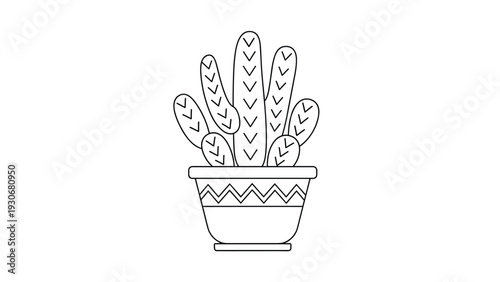Line art illustration of a succulent or cactus plant in a decorated pot with geometric patterns isolated on a white background.