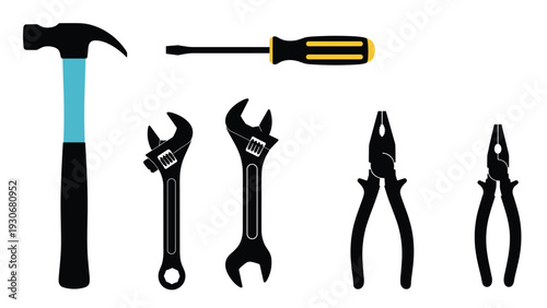 Collection of various workshop hand tools including a hammer, screwdriver, wrenches, and pliers in a flat icon style on white.