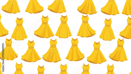 Seamless pattern featuring multiple yellow sleeveless dresses in a repeating design against a plain white background for fashion.