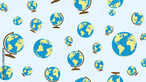 Seamless pattern of multiple small world globes scattered randomly across a light blue background for education or travel themes.