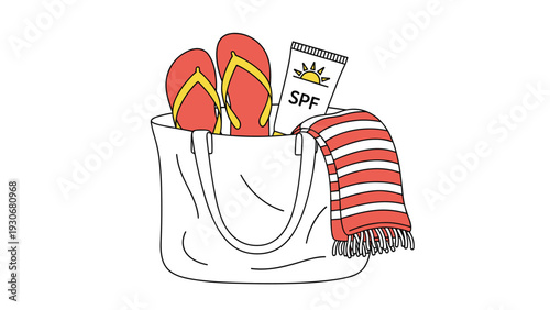 Beach bag filled with summer essentials including red flip-flops, a tube of SPF sunscreen, and a red striped beach towel on white.