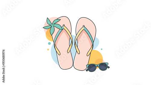 Pair of light pink flip-flops with a green flower accessory on an abstract background with sunglasses and colorful beach elements.